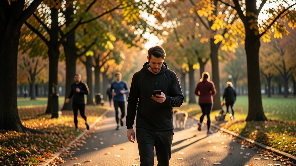 A man checks his smartphone while walking on a park path.