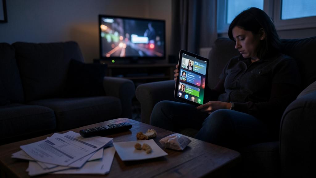 Une femme utilise une tablette affichant une interface de service de streaming avec plusieurs profils utilisateurs, tandis qu'un téléviseur diffuse un film ou une série en arrière-plan.