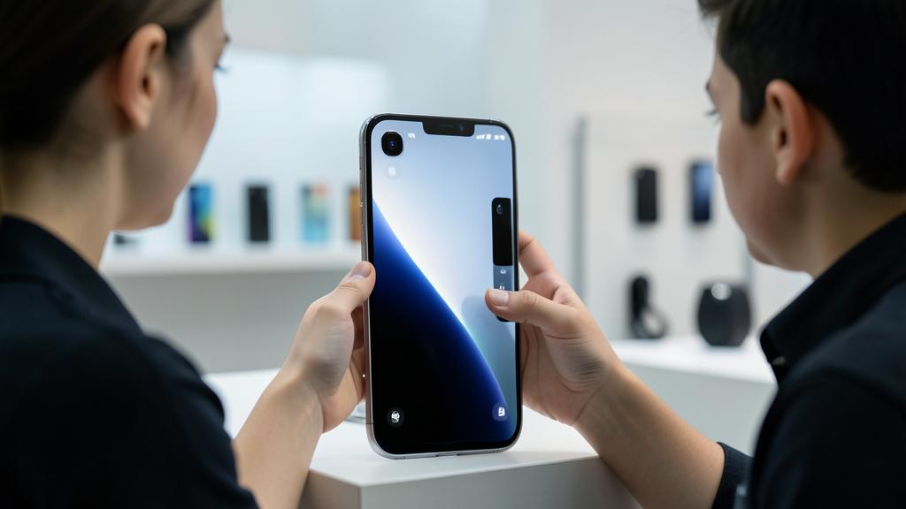Una persona sostiene un smartphone para que otra lo vea en un establecimiento comercial.