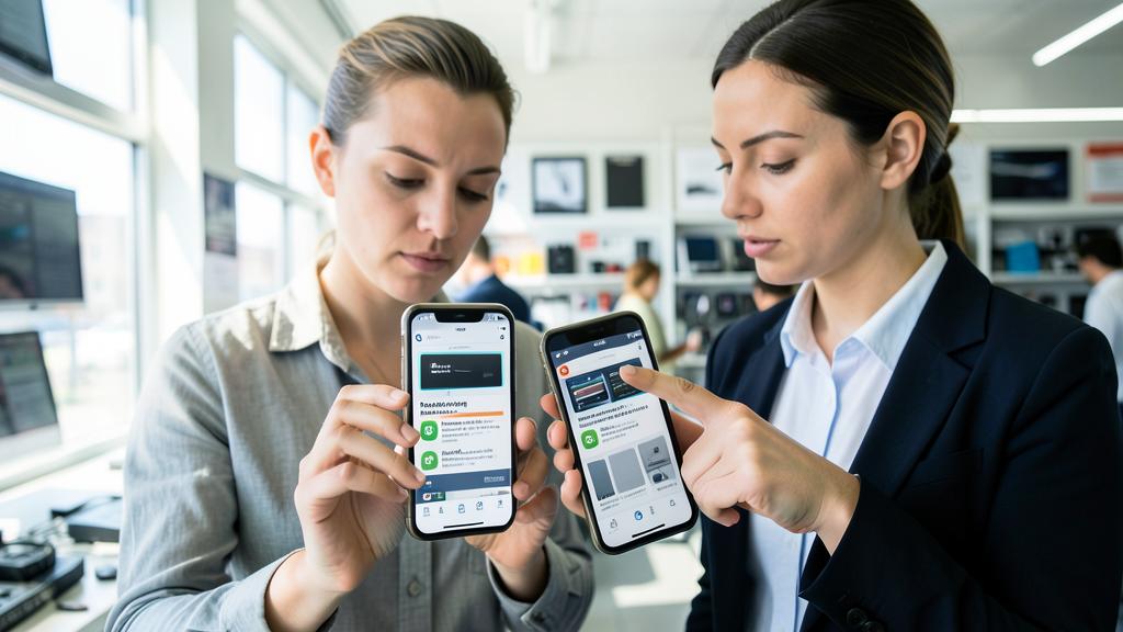 Deux femmes examinent des smartphones, l'une pointant une application de réparation à l'écran.