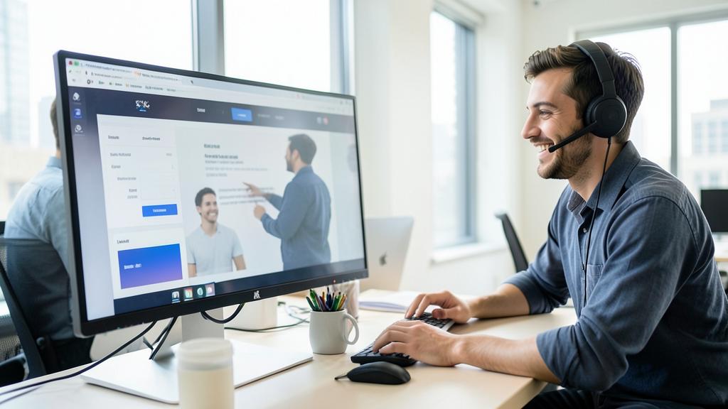 Un homme sourit en travaillant sur un ordinateur affichant un site avec des fonctionnalités d'accessibilité.