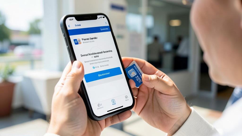 Une personne tient un smartphone affichant une application d'identité numérique et une carte SIM physique.
