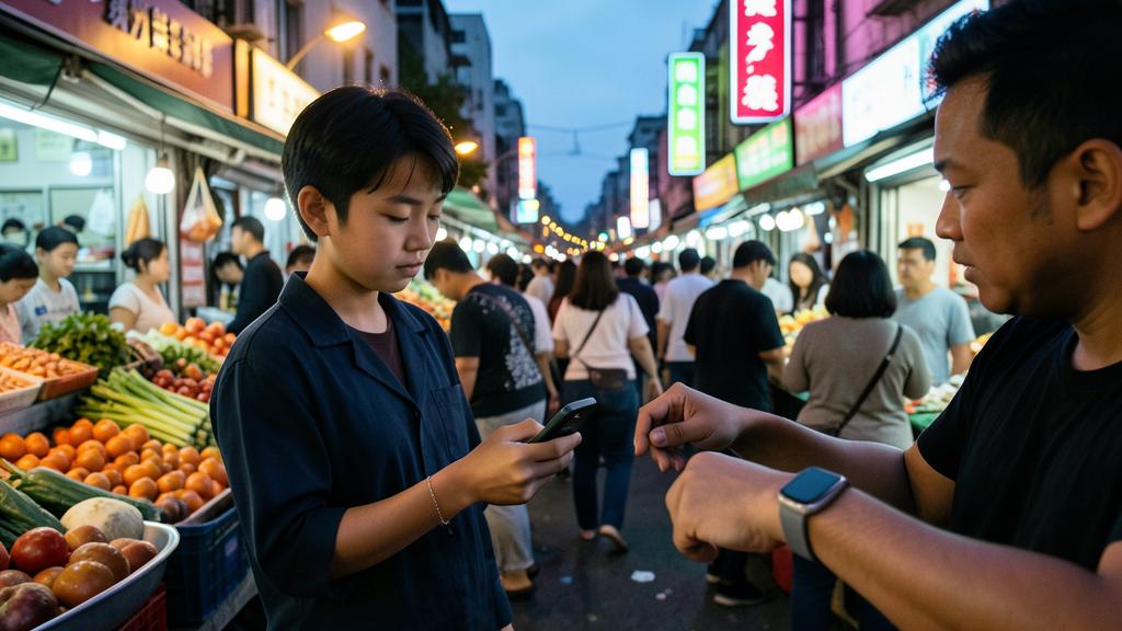 Un niño y un hombre usan sus smartphones y relojes inteligentes para pagar sin contacto en un mercado concurrido.