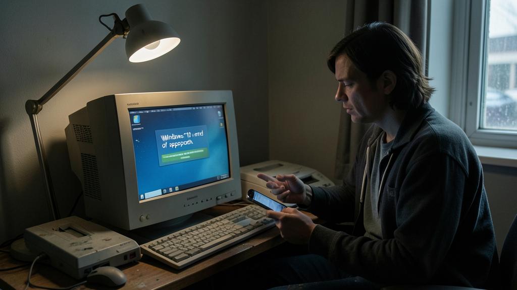 Eine Person sitzt an einem Schreibtisch mit einem alten Computer, der eine Windows-10-End-of-Support-Meldung anzeigt, und hält ein Smartphone.