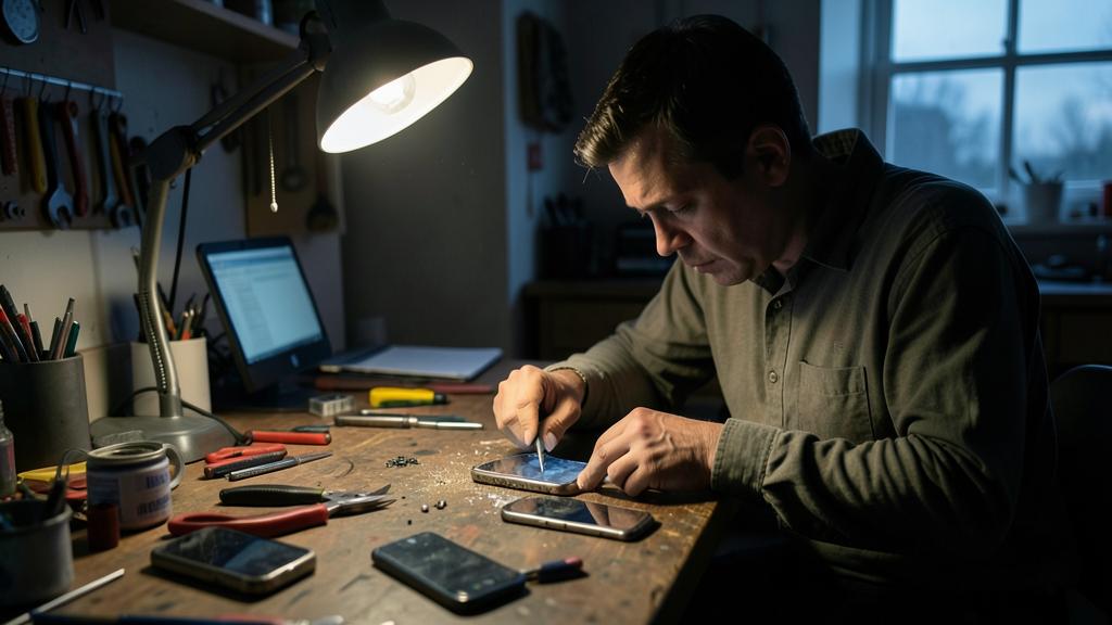 A man is repairing a smartphone with a tool under a desk lamp in a workshop.