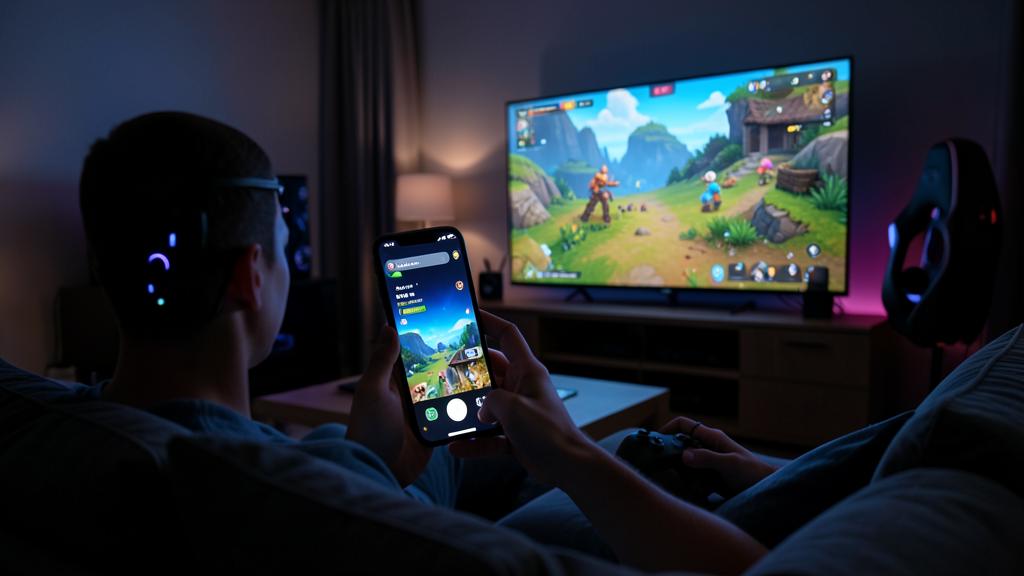 Une personne joue sur un smartphone tout en regardant le même jeu diffusé sur une grande télévision.