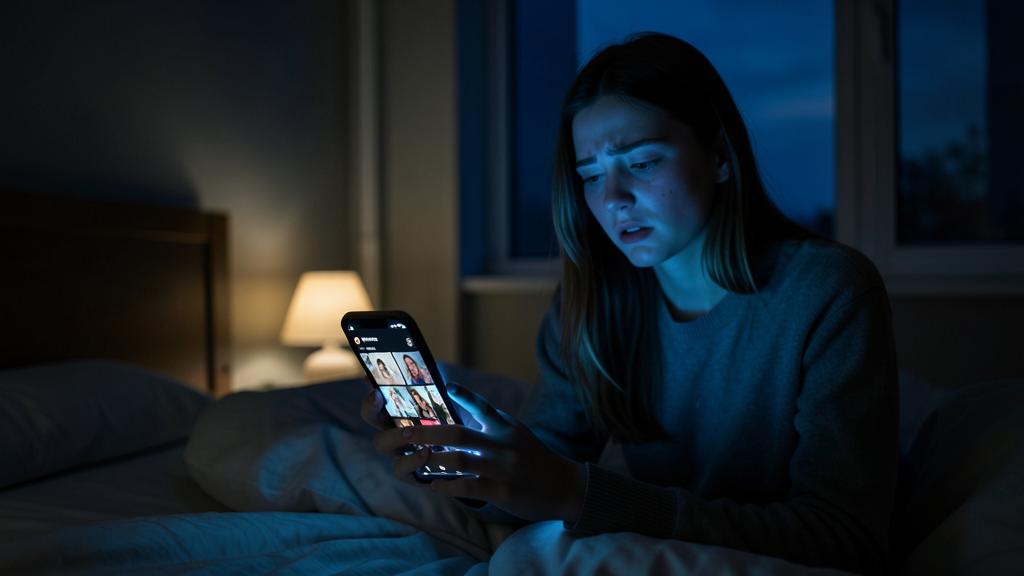 Une jeune femme inquiète regarde son smartphone éclairé par la lumière bleue, affichant un fil d'actualité de réseaux sociaux.