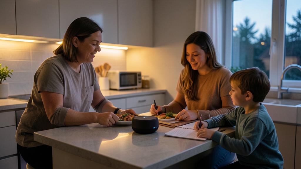 Une femme, une autre femme et un jeune garçon sont assis à un îlot de cuisine, mangeant et faisant leurs devoirs, avec un haut-parleur intelligent noir sur le comptoir.