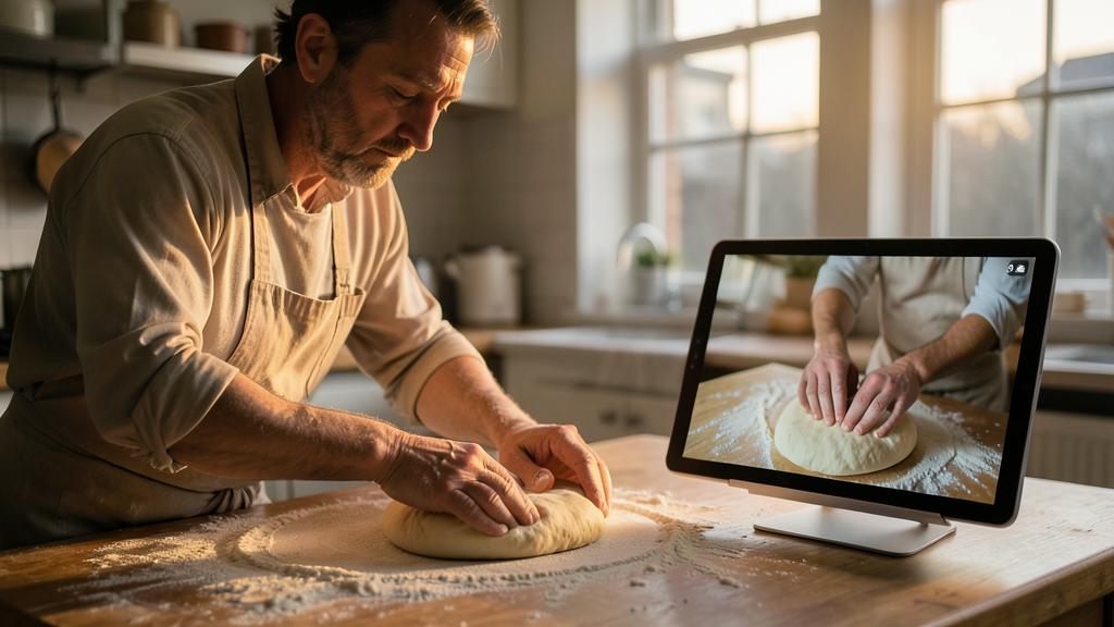 Ein Mann in einer Schürze knetet Teig, während er ein Video-Tutorial auf einem Tablet verfolgt.