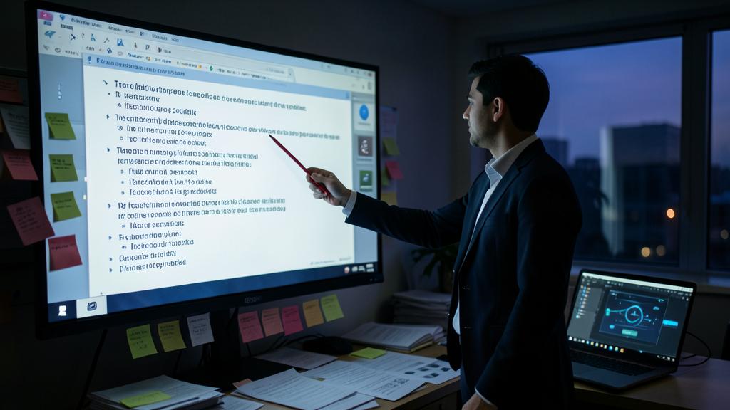 A man in a suit presents a slideshow in front of a screen, pointing with a red pointer.