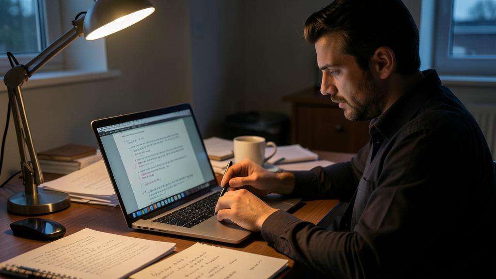 Un homme travaille sur un ordinateur portable dans une pièce faiblement éclairée, avec des documents et une lampe à proximité.