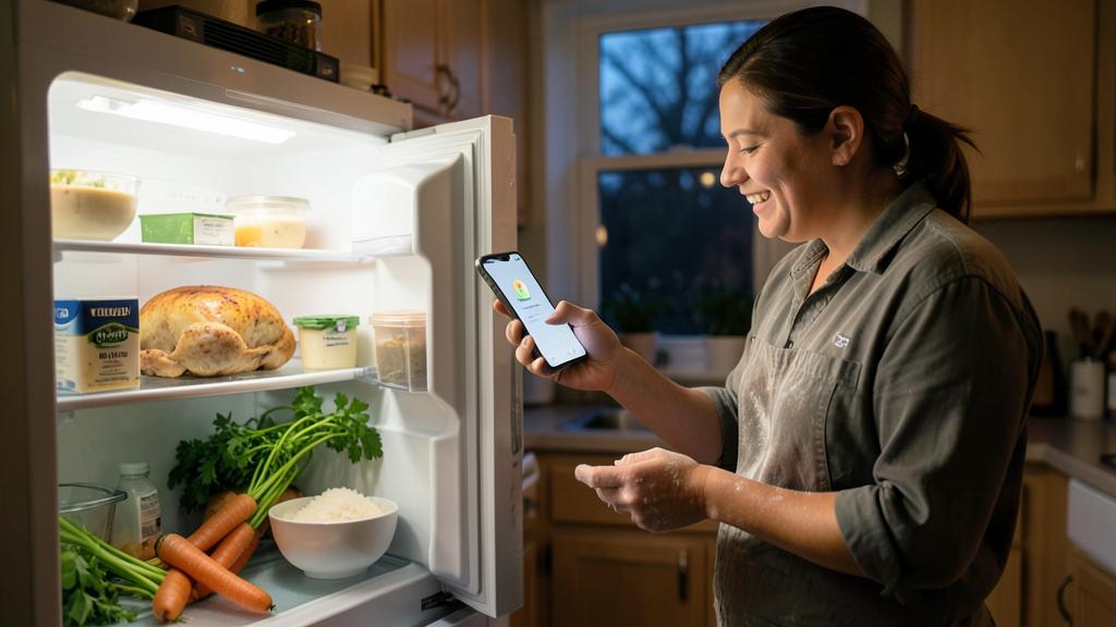 A woman smiles while using a smartphone to scan the contents of an open refrigerator filled with food.