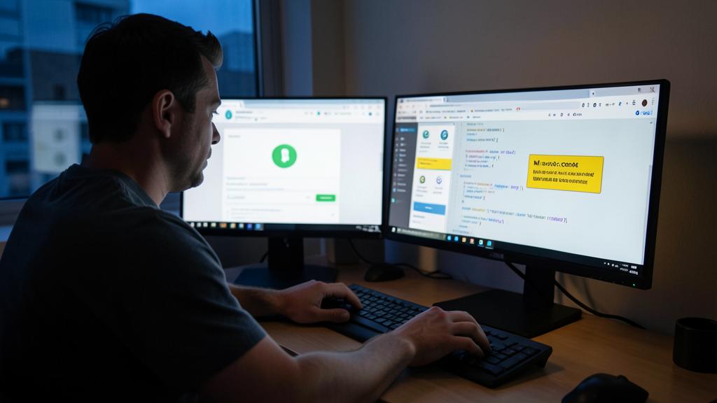 A man works at a computer with two monitors, one showing a browser with a green security indicator and the other displaying a certificate error message.