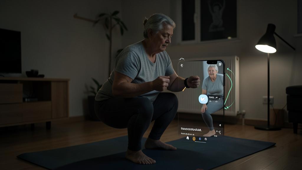 Une femme âgée fait des squats sur un tapis de yoga avec un affichage holographique montrant sa forme et ses données d'exercice.