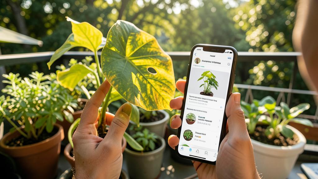 Eine Person hält ein Smartphone mit einer Pflanzenbestimmungs-App und betrachtet eine Topfpflanze.