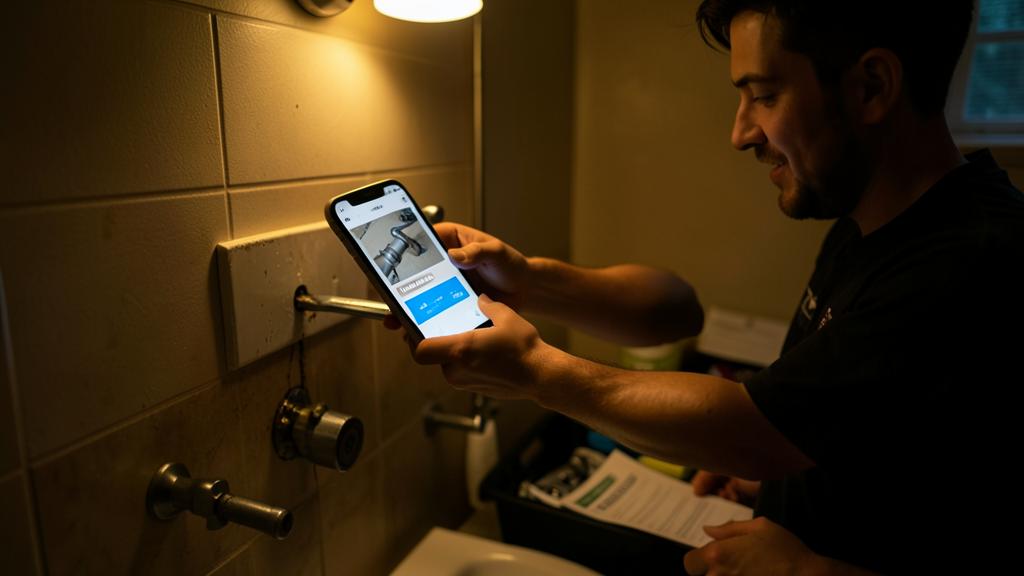 A man uses a smartphone to photograph a plumbing fixture in a bathroom.