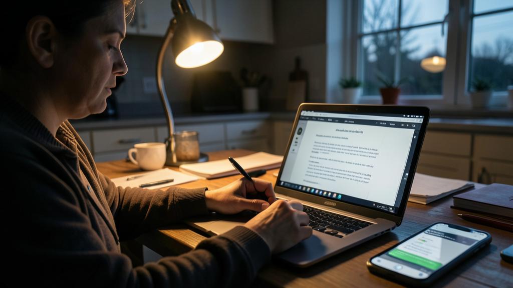 Une femme travaille à un bureau éclairé par une lampe, utilisant un ordinateur et un carnet.