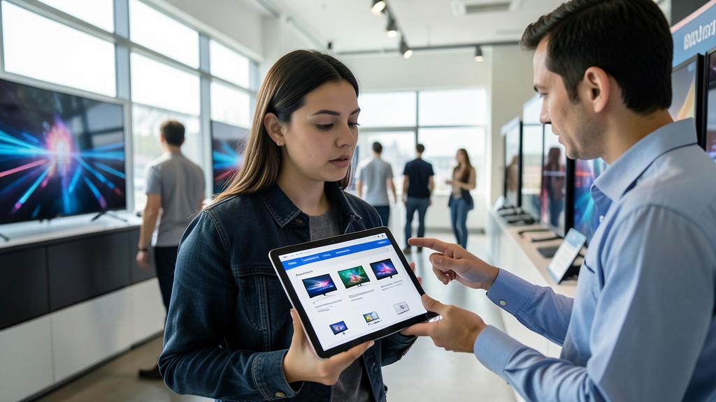 Un vendeur montre un tableau comparatif de téléviseurs sur une tablette à une cliente.
