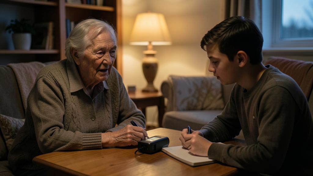An elderly woman and a young boy sit at a table, with the woman operating a digital voice recorder and the boy writing in a notebook.