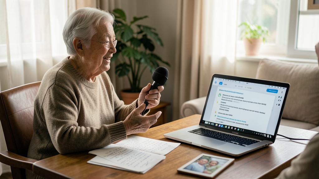 An elderly woman smiles as she speaks into a microphone while looking at a laptop displaying text.