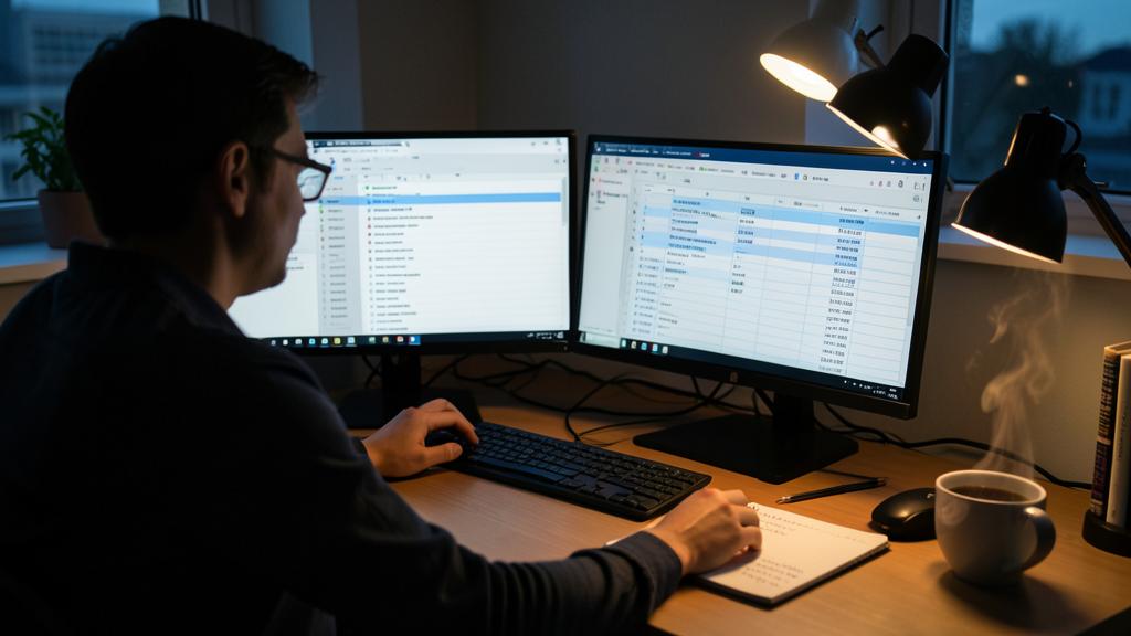 Un hombre trabaja en un escritorio con dos monitores en una oficina tenuemente iluminada, con una taza de café y una lámpara.