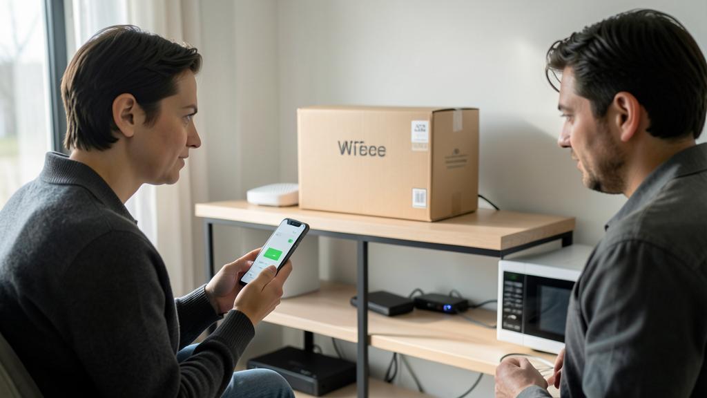Une femme montre un smartphone avec une application de configuration Wi-Fi à un homme, devant un routeur et du matériel.