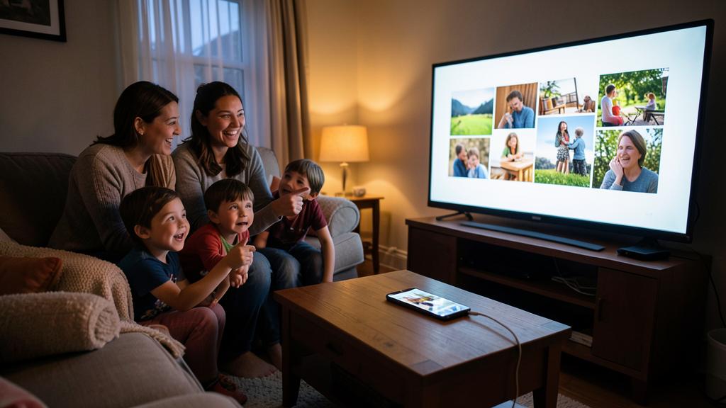 A family watches a photo slideshow on a TV, connected to a smartphone via a cable.