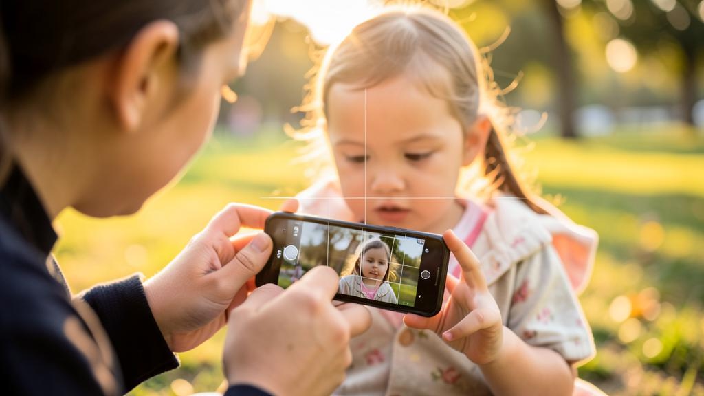 Una persona toma una foto de una niña en un parque con un smartphone que muestra una cuadrícula de composición.