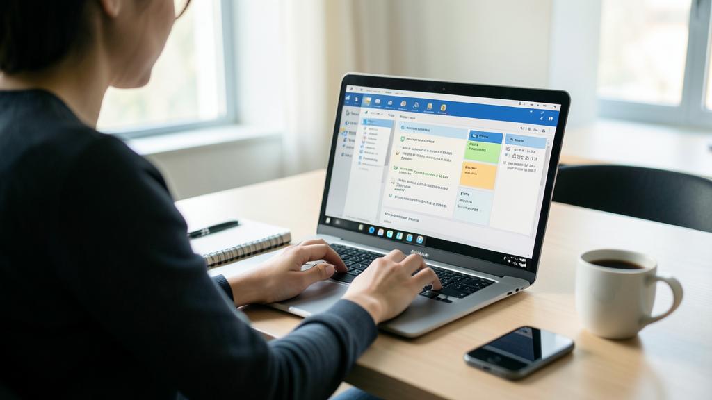 Une personne utilise un ordinateur portable affichant une interface de gestion de fichiers avec des dossiers et des notes adhésives colorées.