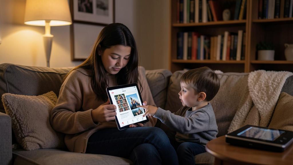 Une femme et un jeune garçon regardent une tablette affichant une bibliothèque numérique.
