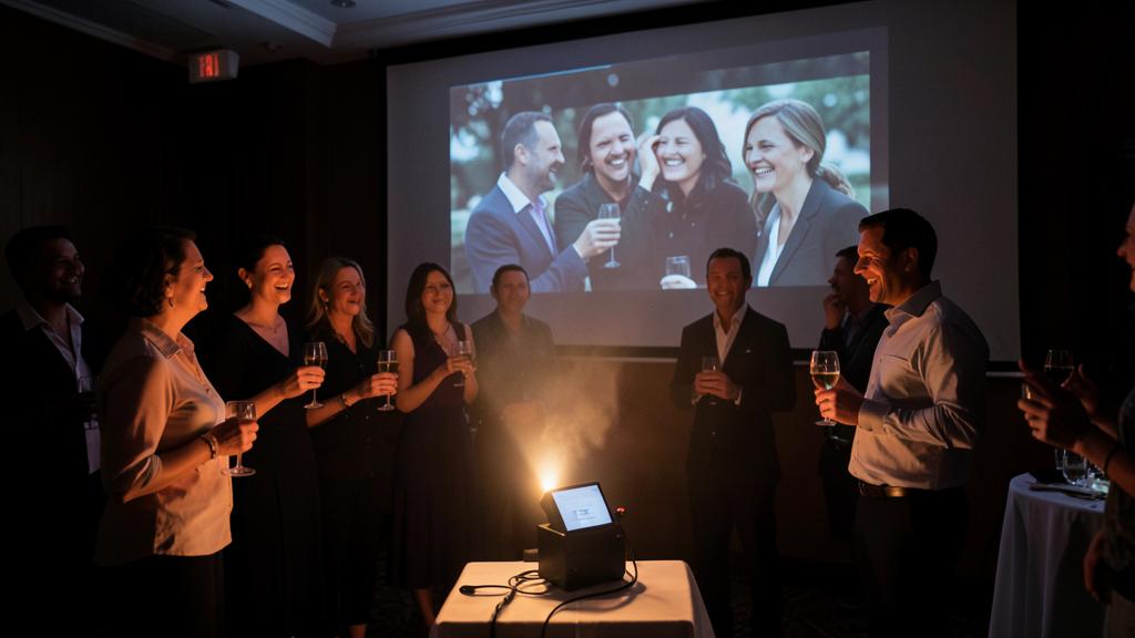 Un groupe de personnes sourit en regardant une projection de souvenirs, des verres à la main, dans une pièce faiblement éclairée.