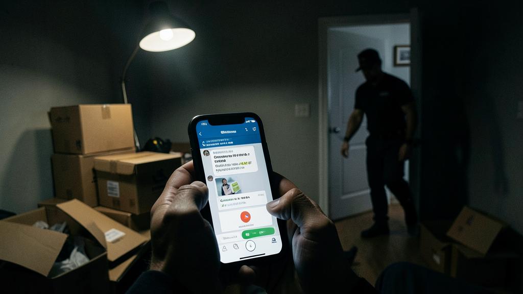 Une personne tient un smartphone affichant une notification de livraison, avec un homme en capuche à l'arrière-plan.
