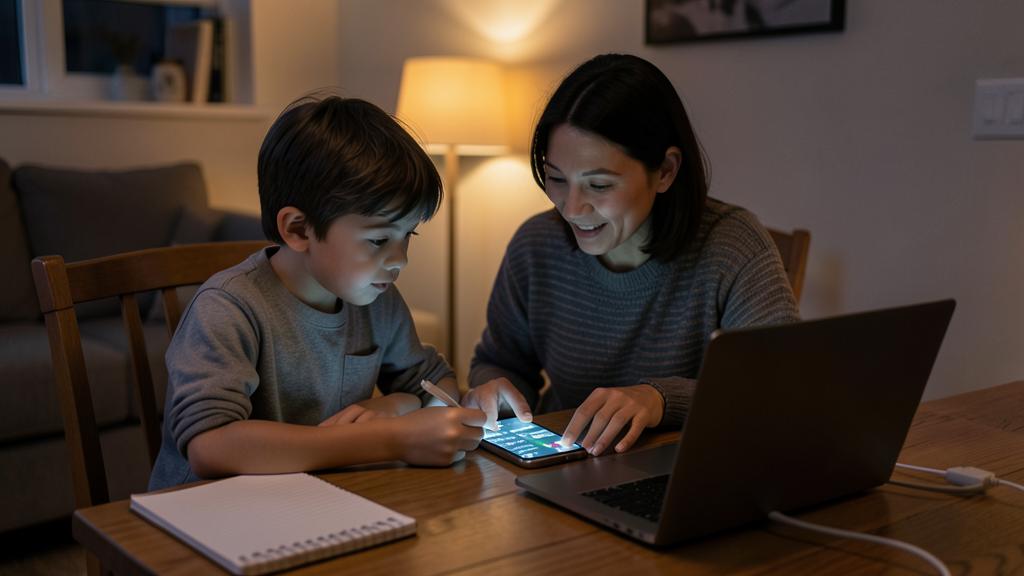 Una mujer y un niño pequeño miran juntos un smartphone en una habitación tenuemente iluminada.