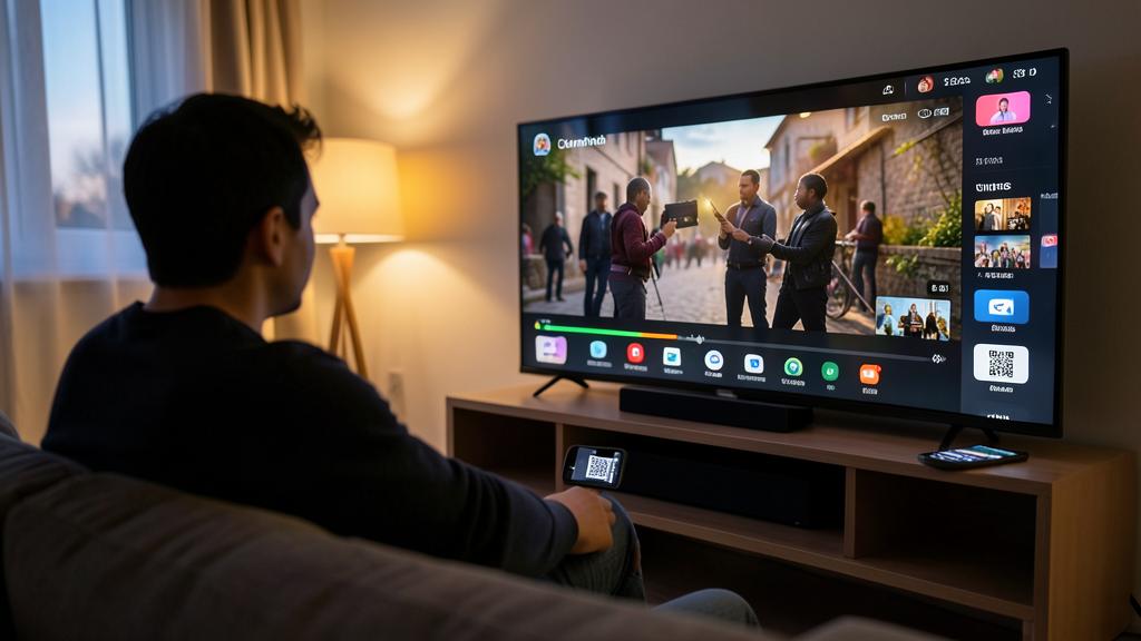 Un homme regarde une télévision intelligente affichant une interface de streaming, tenant un smartphone avec un code QR.