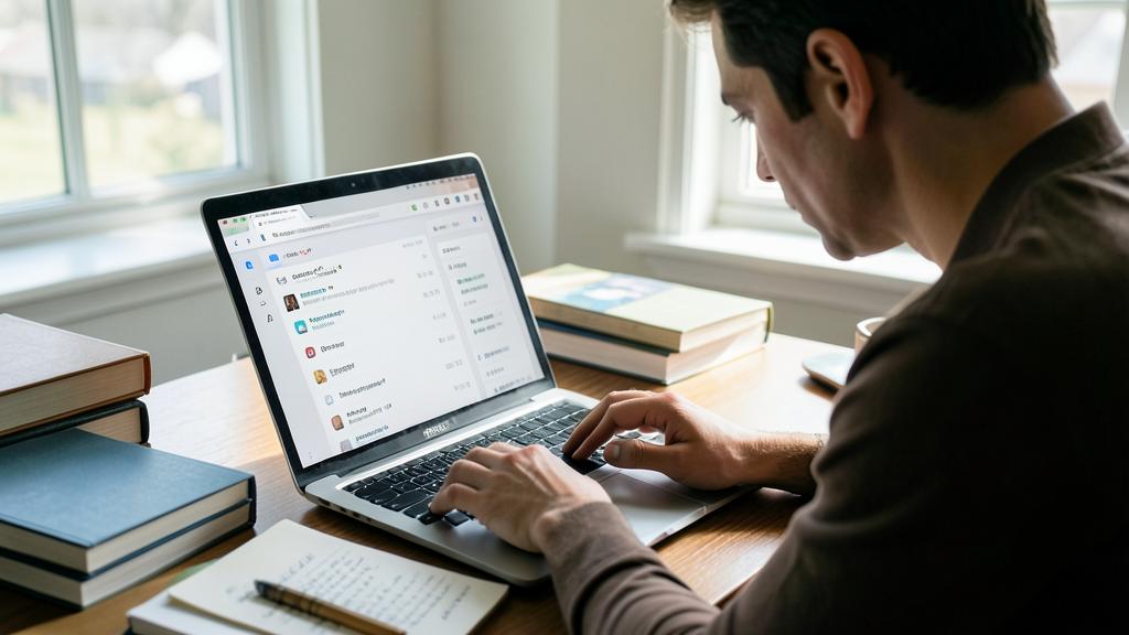 A man is using a laptop at a desk, surrounded by books and a notebook.