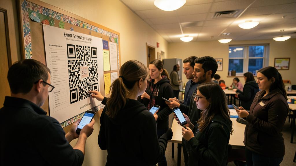 A group of people scans a QR code with their smartphones.