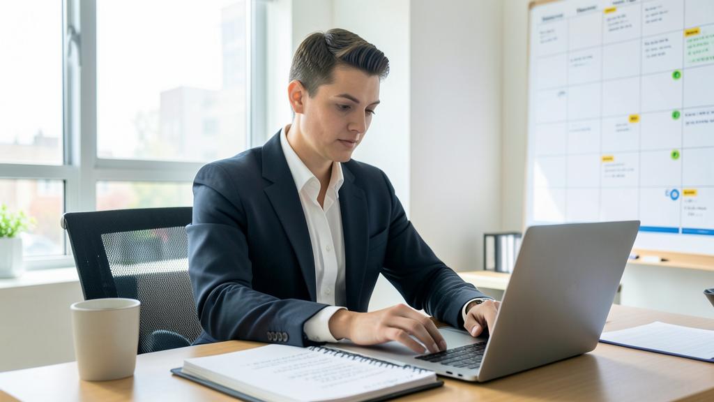 Ein junger Mann im Anzug arbeitet an einem Laptop an einem Schreibtisch im Büro.