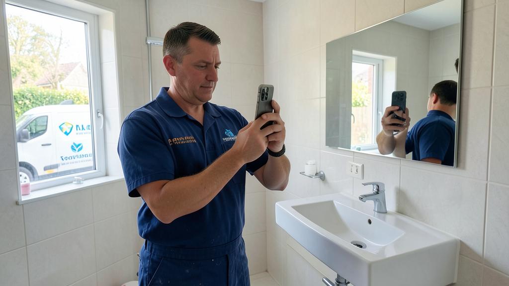 Un artesano con uniforme toma una foto de un baño con su smartphone, reflejándose en el espejo.