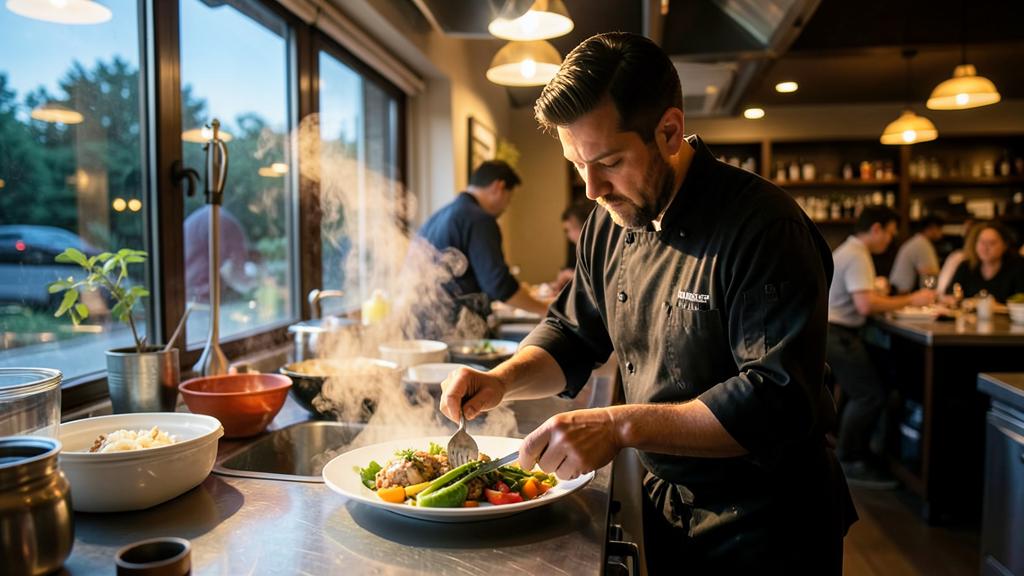 A chef in a black uniform is plating a dish with vegetables, steam rising from it.
