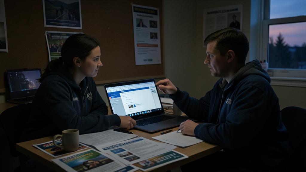 Two people discuss in front of a laptop in a dimly lit office.