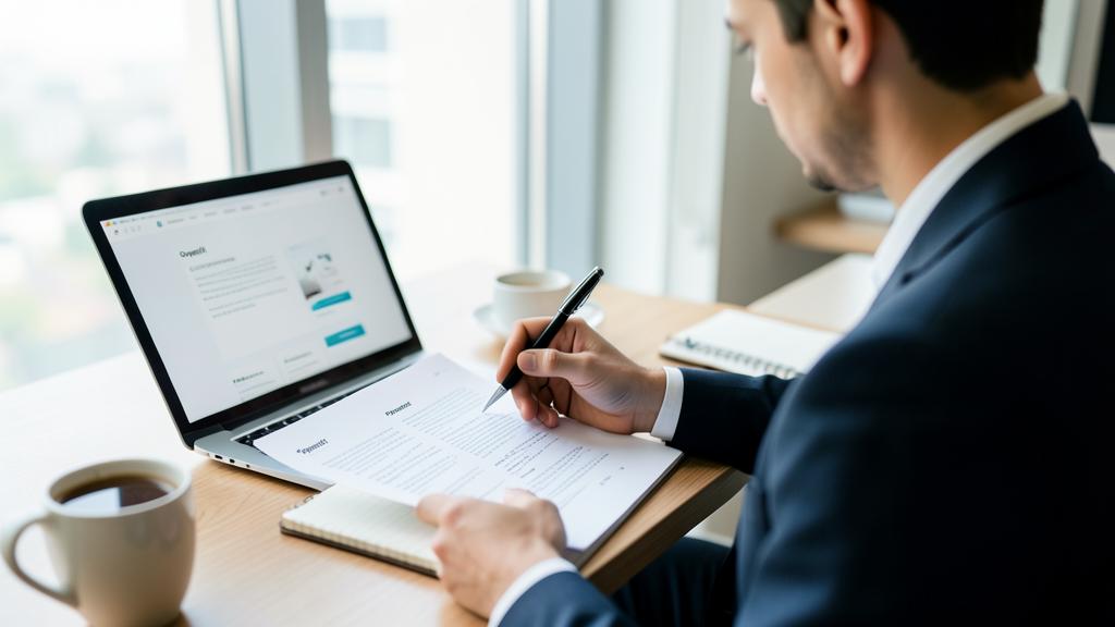 Un homme en costume écrit sur un document en regardant un écran d'ordinateur, avec une tasse de café à côté.