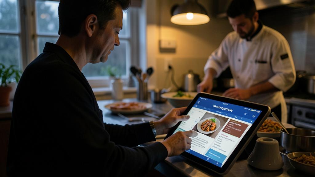 Un homme consulte une recette sur une tablette dans une cuisine, un chef travaille en arrière-plan.