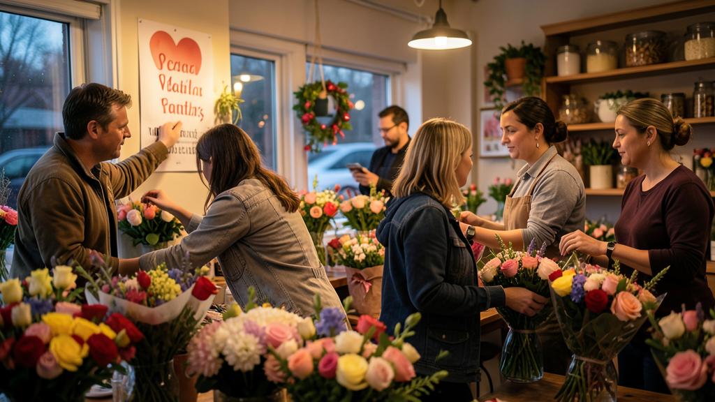Ein belebter Blumenladen mit Kunden und Mitarbeitern, die Sträuße arrangieren und kaufen.
