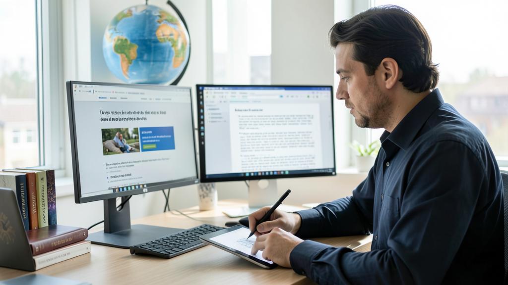 Ein Mann arbeitet an einem Schreibtisch mit zwei Monitoren und einem Tablet, wobei er einen Stift auf dem Tablet verwendet.