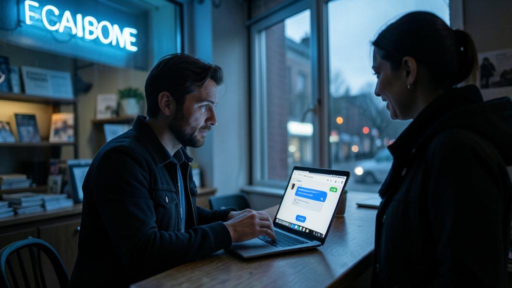 Un homme et une femme regardent un ordinateur affichant une interface de chatbot dans un café.