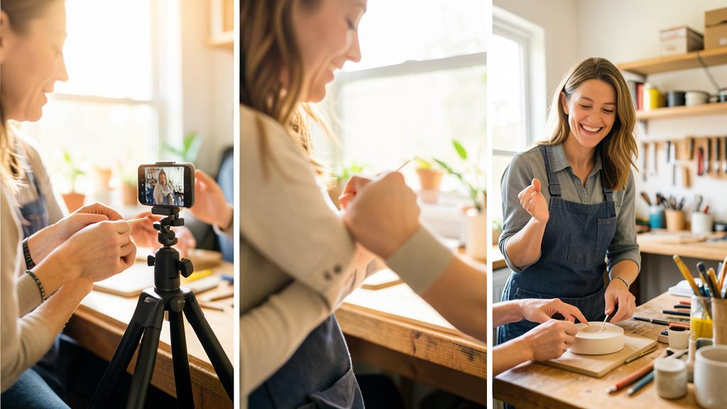 Une femme en tablier montre un artisanat, filmée par une personne avec un smartphone sur trépied, et sourit à la caméra.