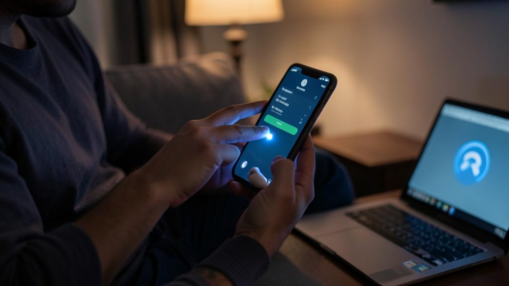 Une personne utilise un smartphone pour interagir avec un appareil, avec un ordinateur portable affichant un logo en arrière-plan.