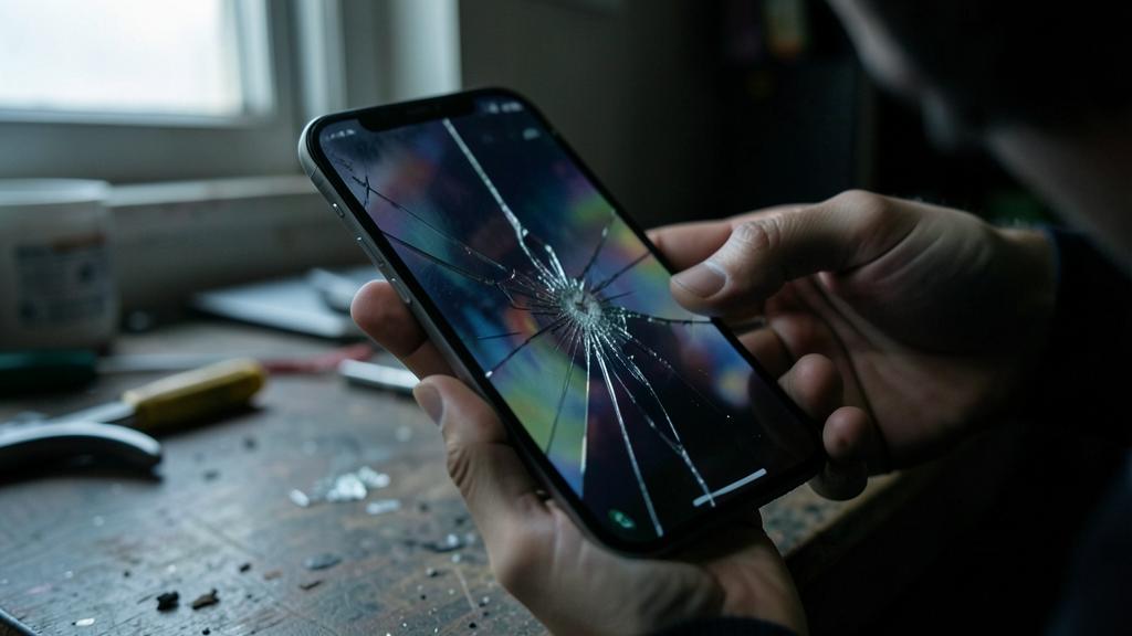 Eine Person hält ein Smartphone mit einem stark gesprungenen Display, mit Werkzeugen und Schrott auf einer Werkbank im Hintergrund.
