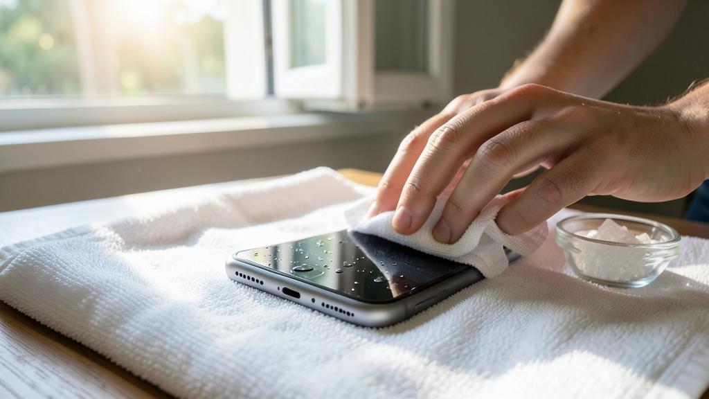 A person is wiping a wet smartphone with a cloth on a towel, with a bowl of white crystals nearby.
