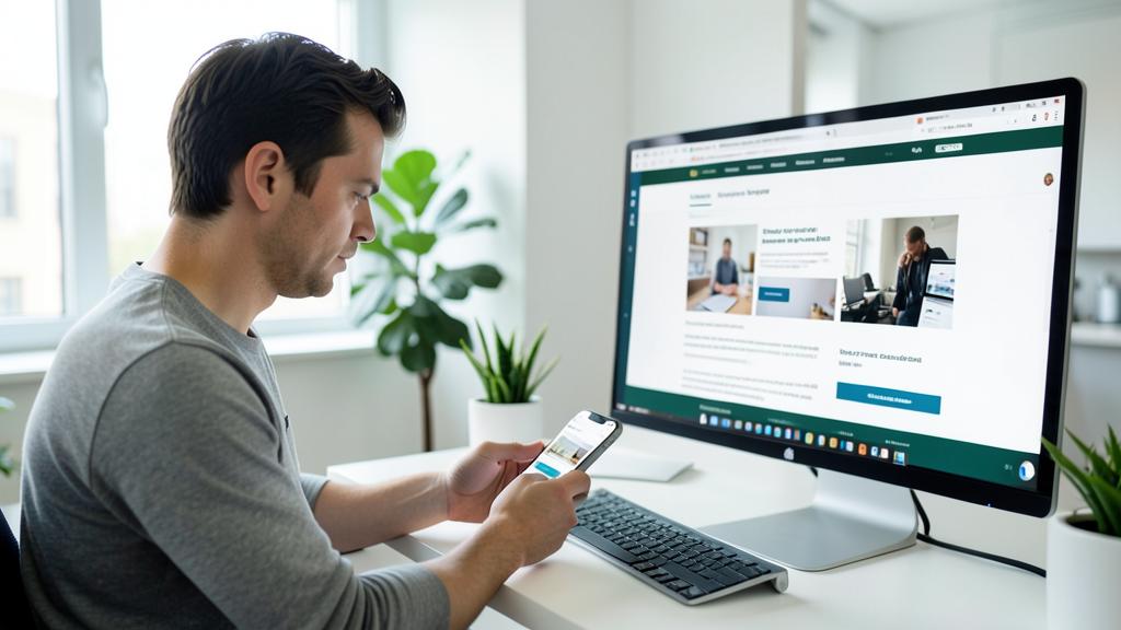 Ein Mann nutzt ein Smartphone, während ein Computerbildschirm eine Website anzeigt.
